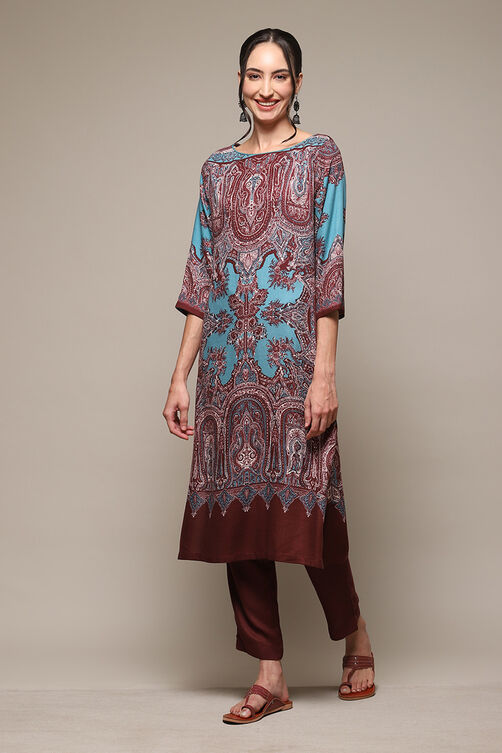 Teal LIVA Straight Printed Kurta image number 2