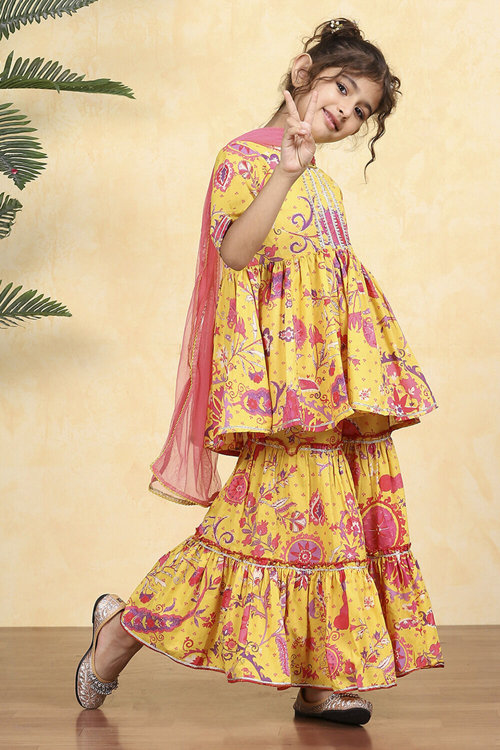 Yellow Cotton Printed Kalidar Sharara Suit Set image number 5