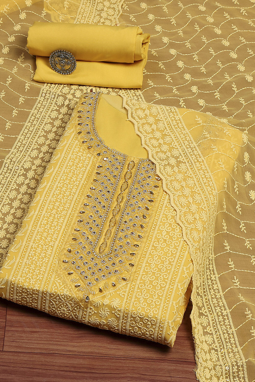 Yellow Georgette Schiffli Unstitched Suit Set image number 0