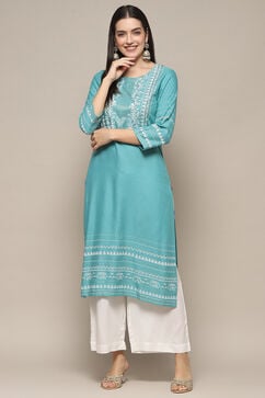Turquoise Rayon flax Relaxed Kurta Palazzo Suit Set image number 0