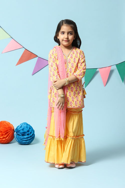 Yellow Cotton Straight Kurta Sharara Suit Set image number 7