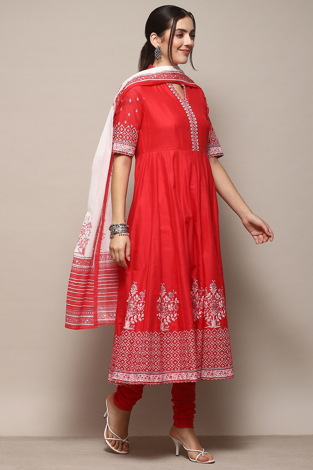 Red Cotton Anarkali Printed Kurta Churidar Suit Set image number 6