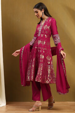 Berry Pink Yarn Dyed Kalidar Suit Set image number 3