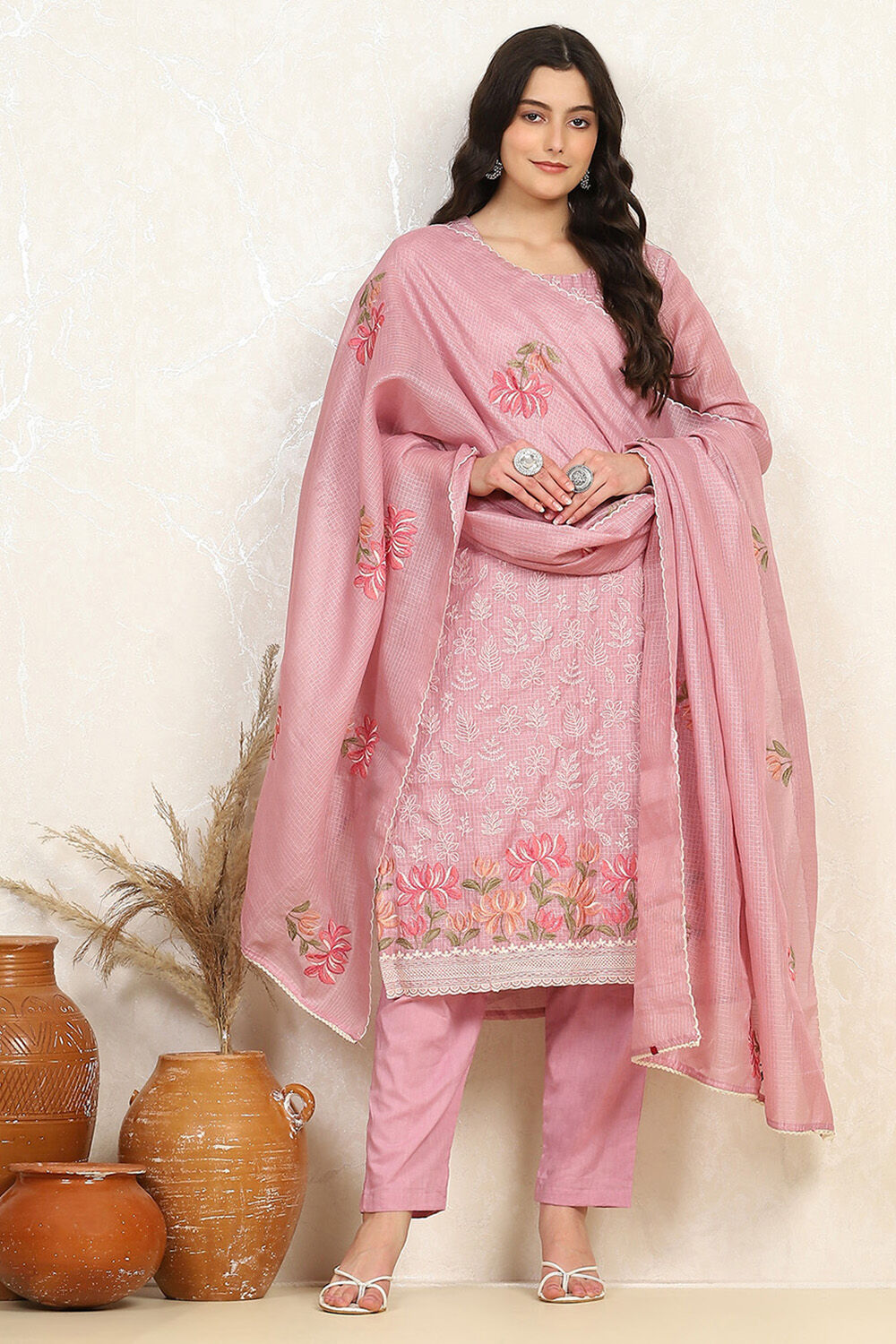 Lavender Cotton Machine Embroidered Unstitched Suit Set image number 1