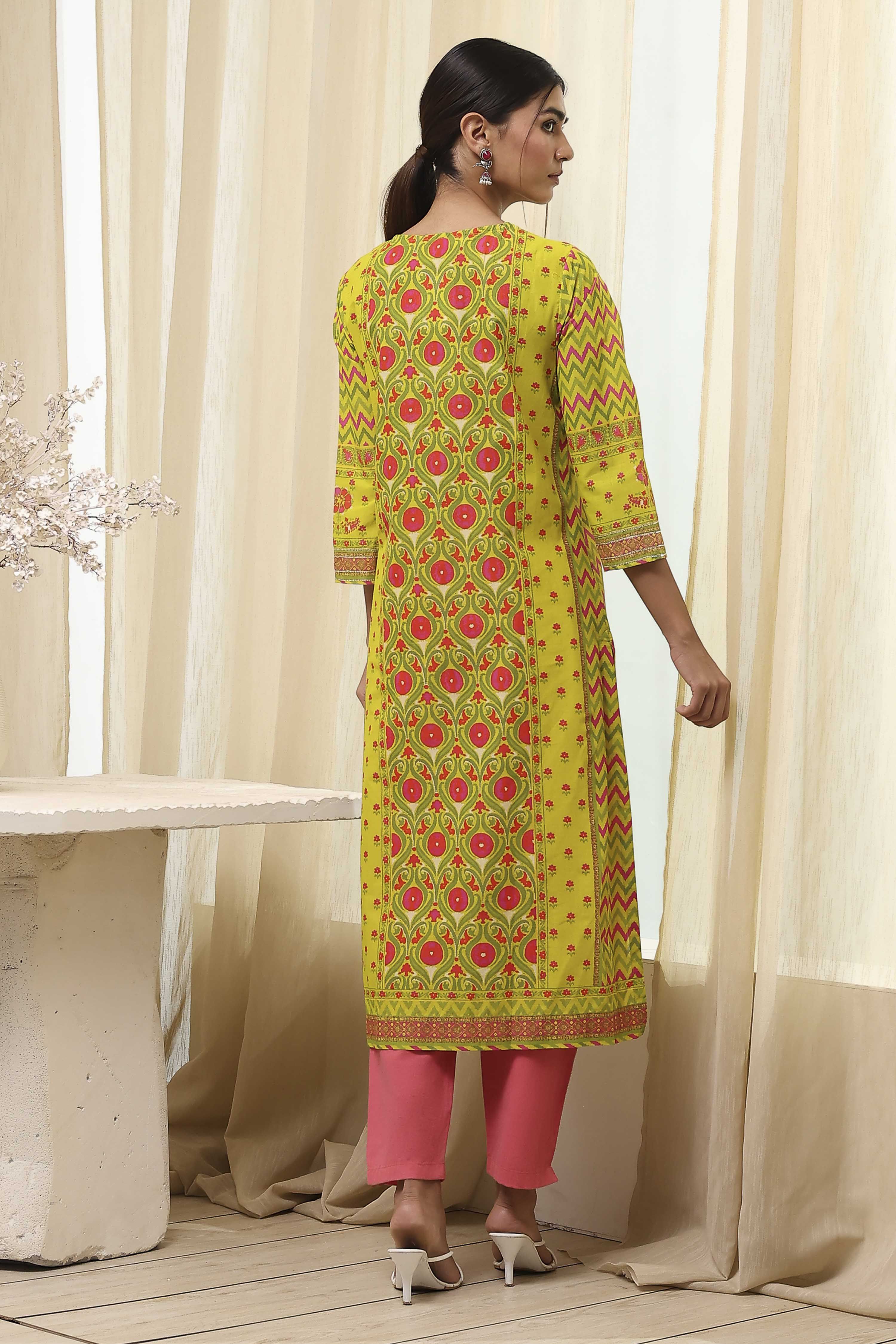 Green Cotton Printed Straight Kurta image number 3