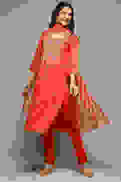 Red Viscose Straight Kurta Churidar Suit Set image number 5