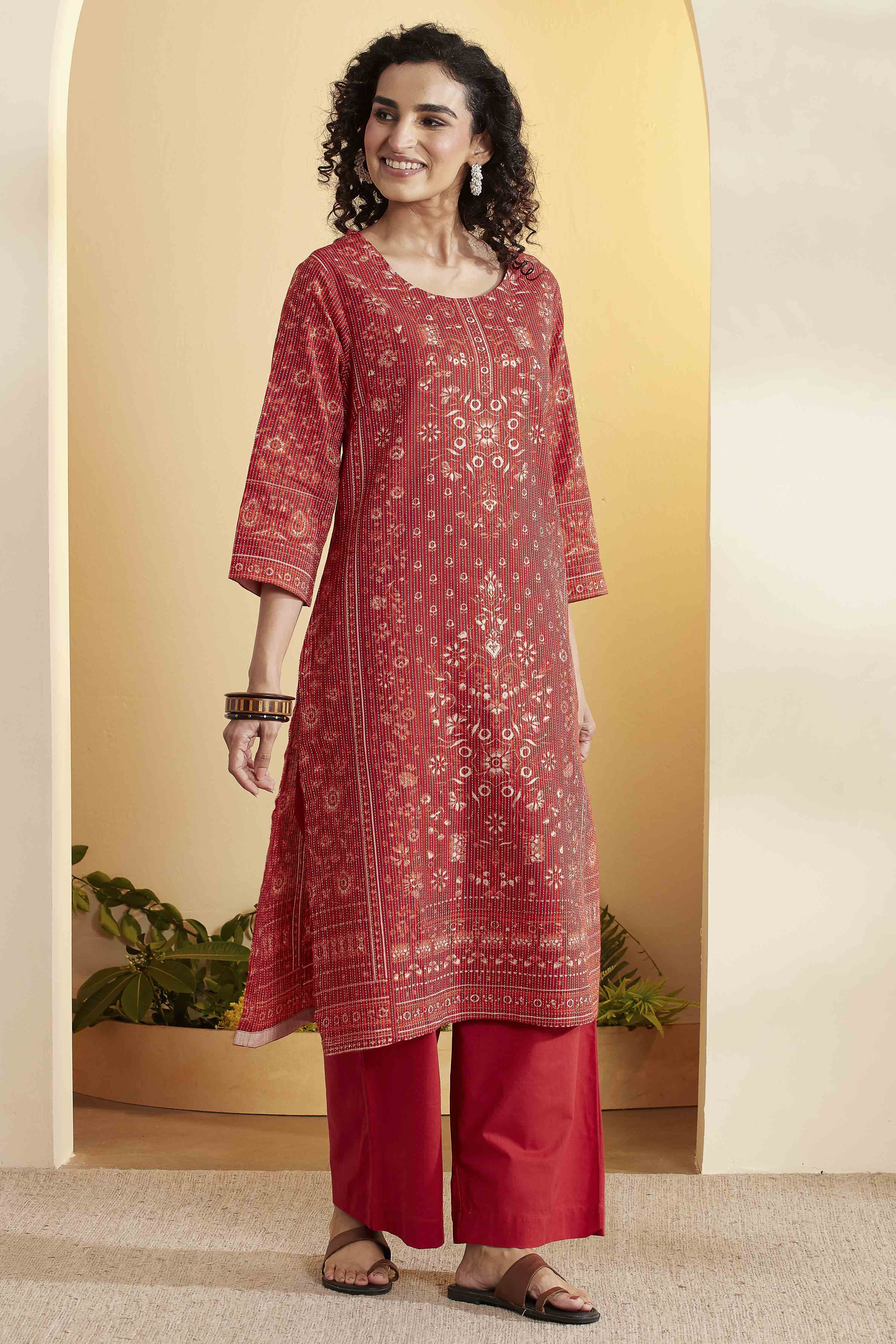Red Cotton Straight Kurta image number 3