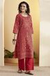 Olive Green Cotton Floral Printed Straight Kurta image number 3