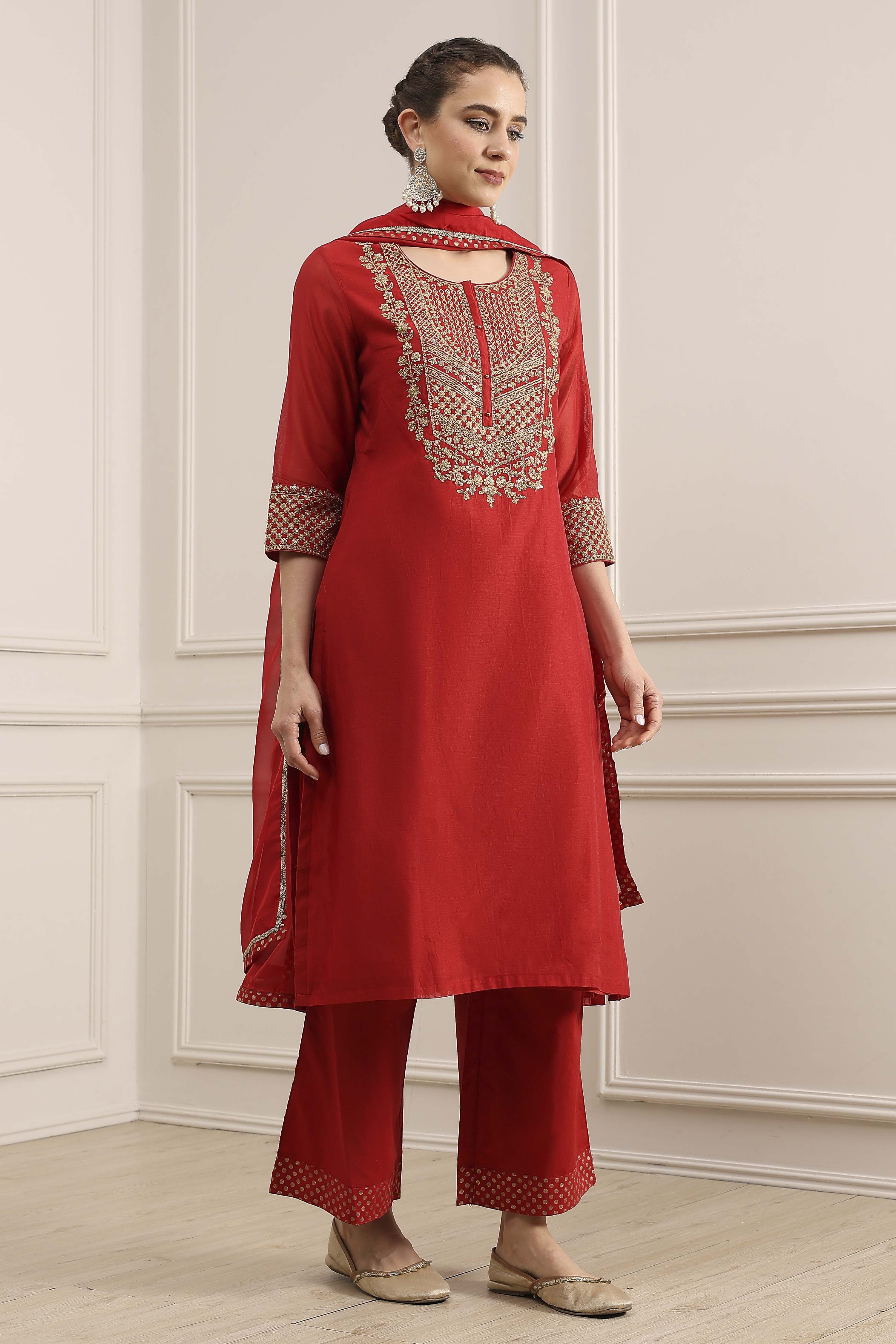 Red Embroidered Art Silk Straight Suit Set image number 5