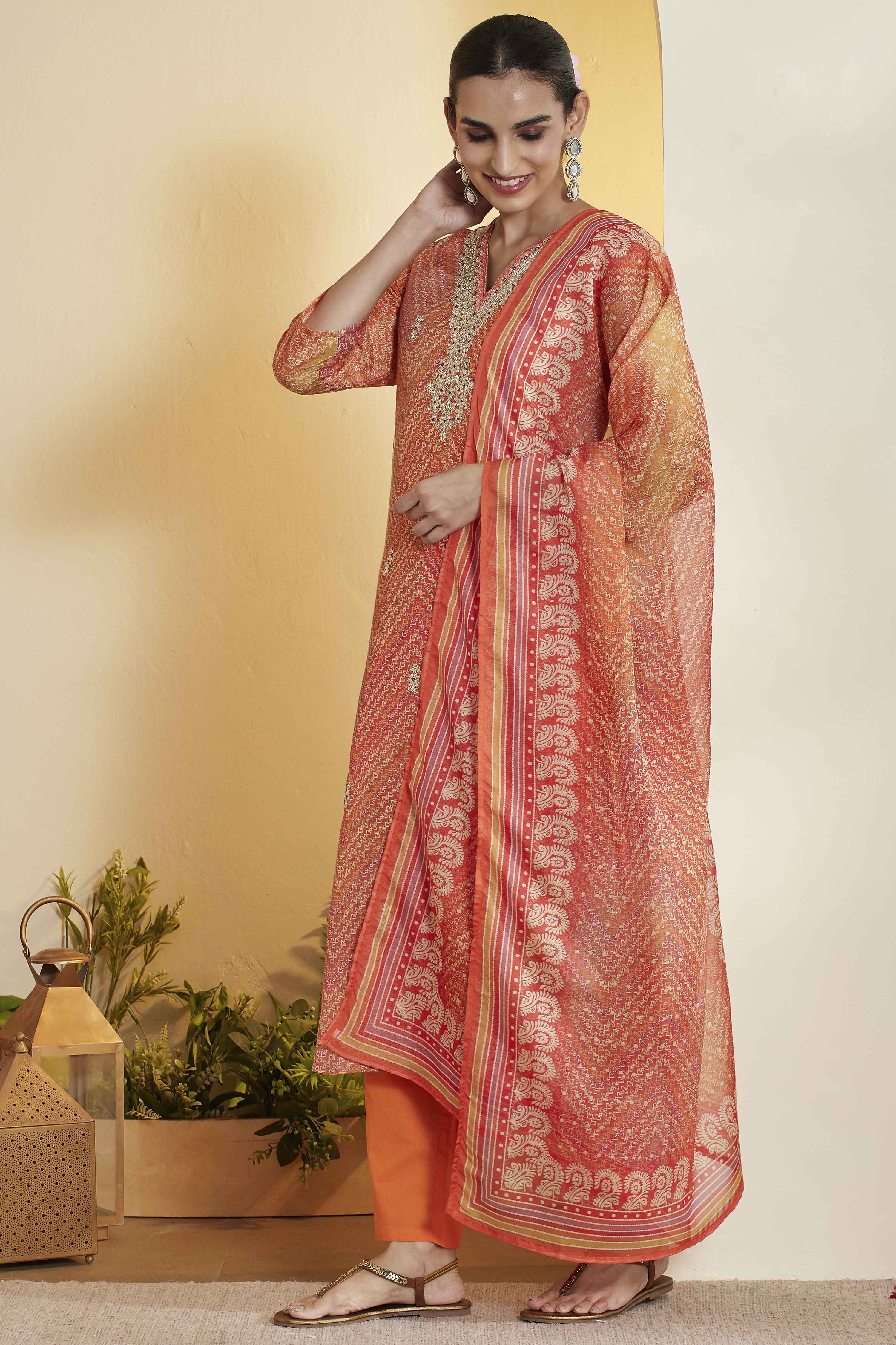 Orange Polyester Straight Printed Suit Set image number 4