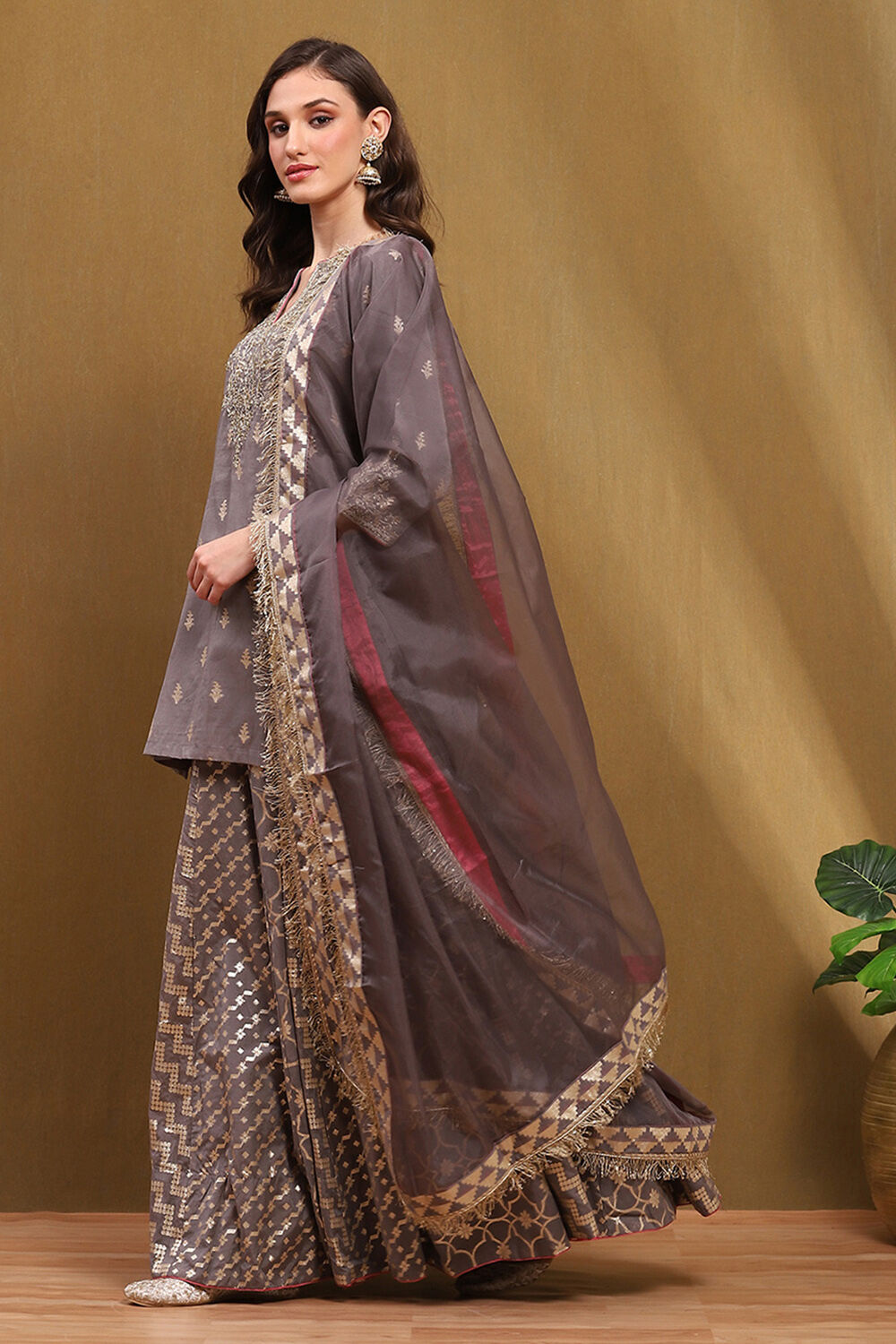 Grey Brocade Embroidered Festive Skirt Set image number 3