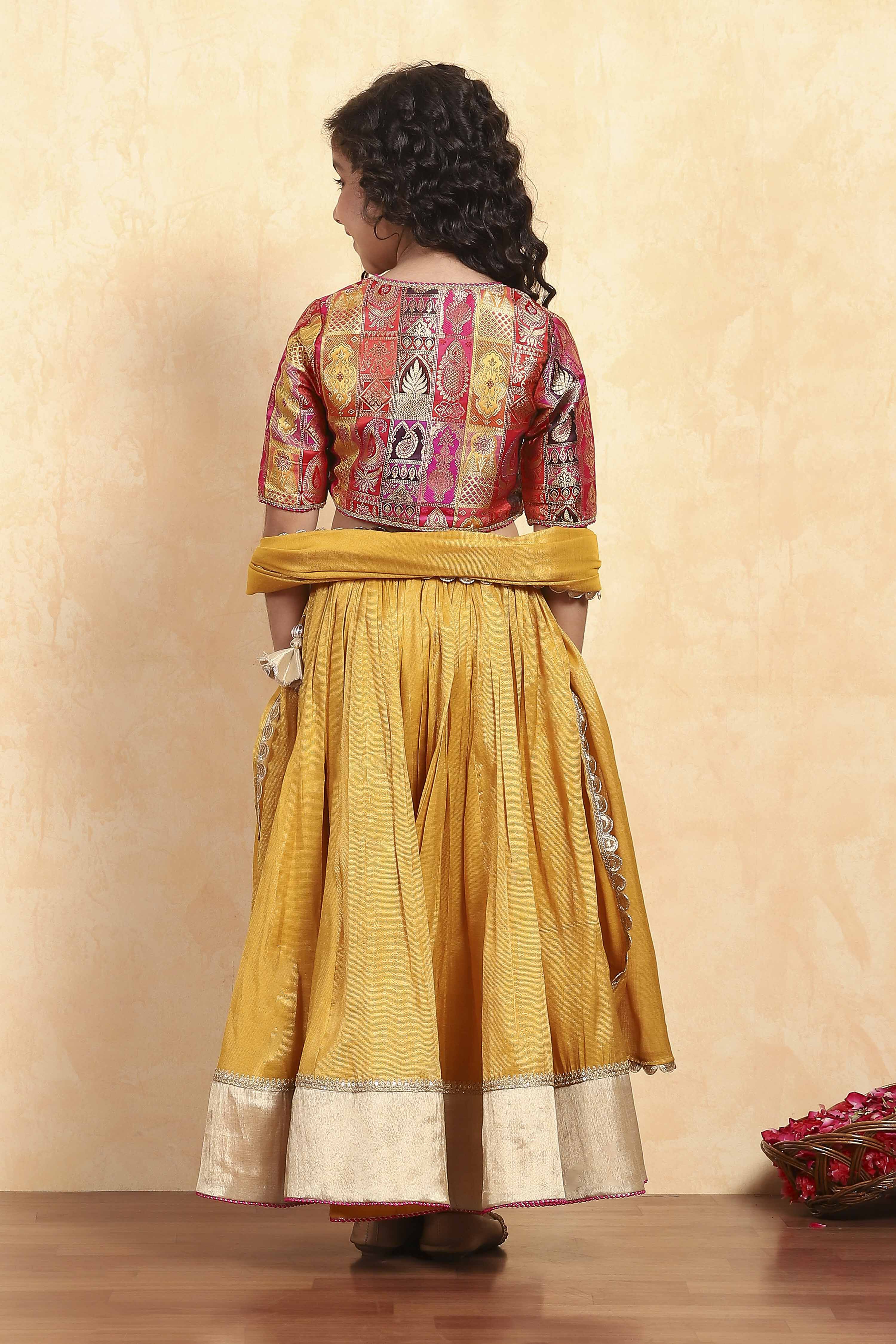 Yellow Brocade Solid Fitted Lehenga Set image number 4
