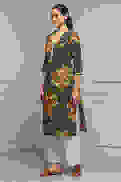 Olive Green Cotton Straight Printed Kurta image number 2