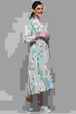 White and Blue Cotton Floral Tiered Dress image number 5