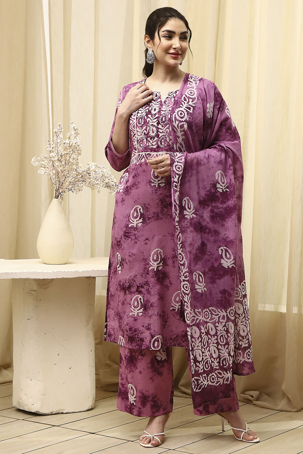 Purple Cotton Unstitched Suit Set image number 1