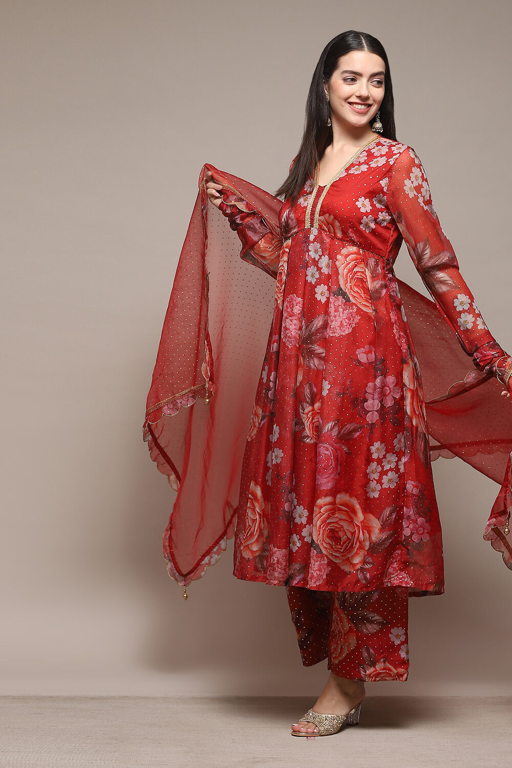 Red Polyester Anarkali Kurta Palazzo Suit Set