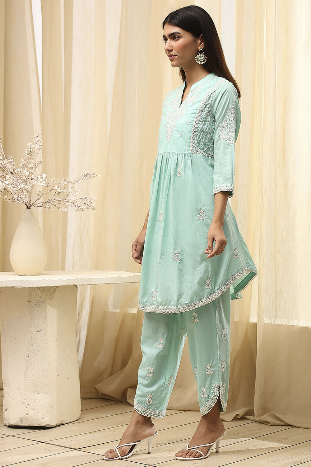 Aqua Cotton Embroidered Straight Kurta Set image number 3