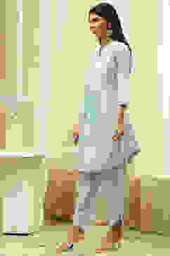 Aqua Cotton Embroidered Straight Kurta Set image number 3