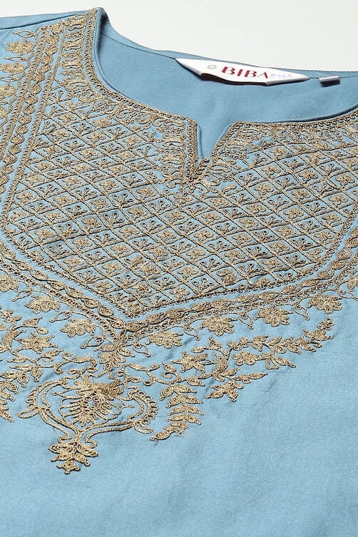 Earthy Blue Cotton Silk Straight Kurta Palazzo Suit Set image number 1