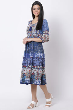 Blue Art Silk A Line Fusion Wear Dress image number 2