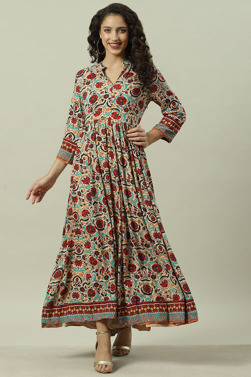 Ecru Rayon Flared Printed Dress image number 5