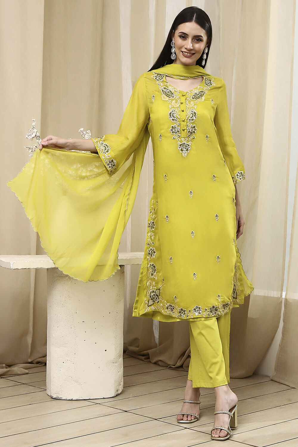 Lime Green Embroidered Straight Suit Set image number 6