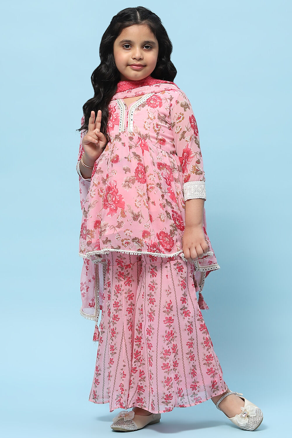 Pink Poly Georgette Floral Printed Peplum Suit Set image number 7