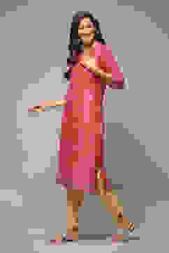 Pink Cotton Straight Printed Kurta image number 0