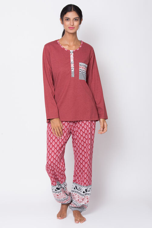 Brick Red Poly Cotton Printed Loungewear Set image number 2