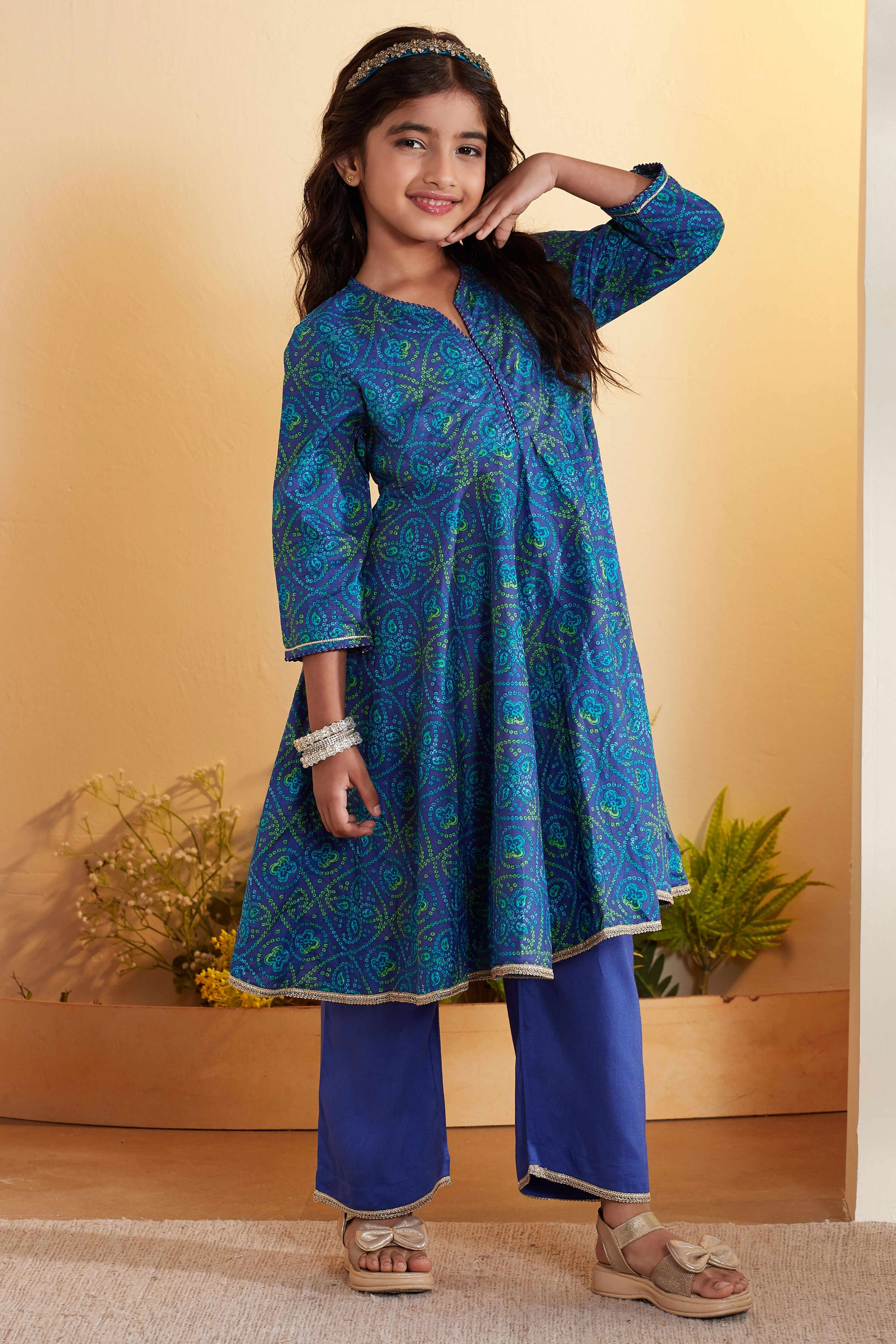Green & Blue Cotton Printed Anarkali Kurta Set image number 4