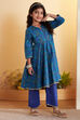Green & Blue Cotton Printed Anarkali Kurta Set image number 4