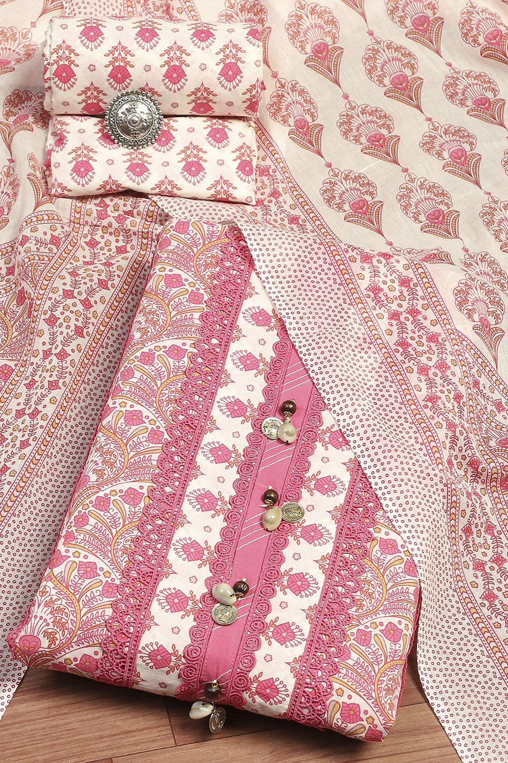 Pink Cotton Unstitched Suit Set image number 0