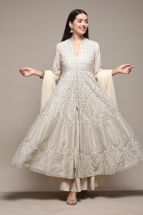 Buy Off White Cotton Anarkali Kurta Skirt Suit Set Online at Biba