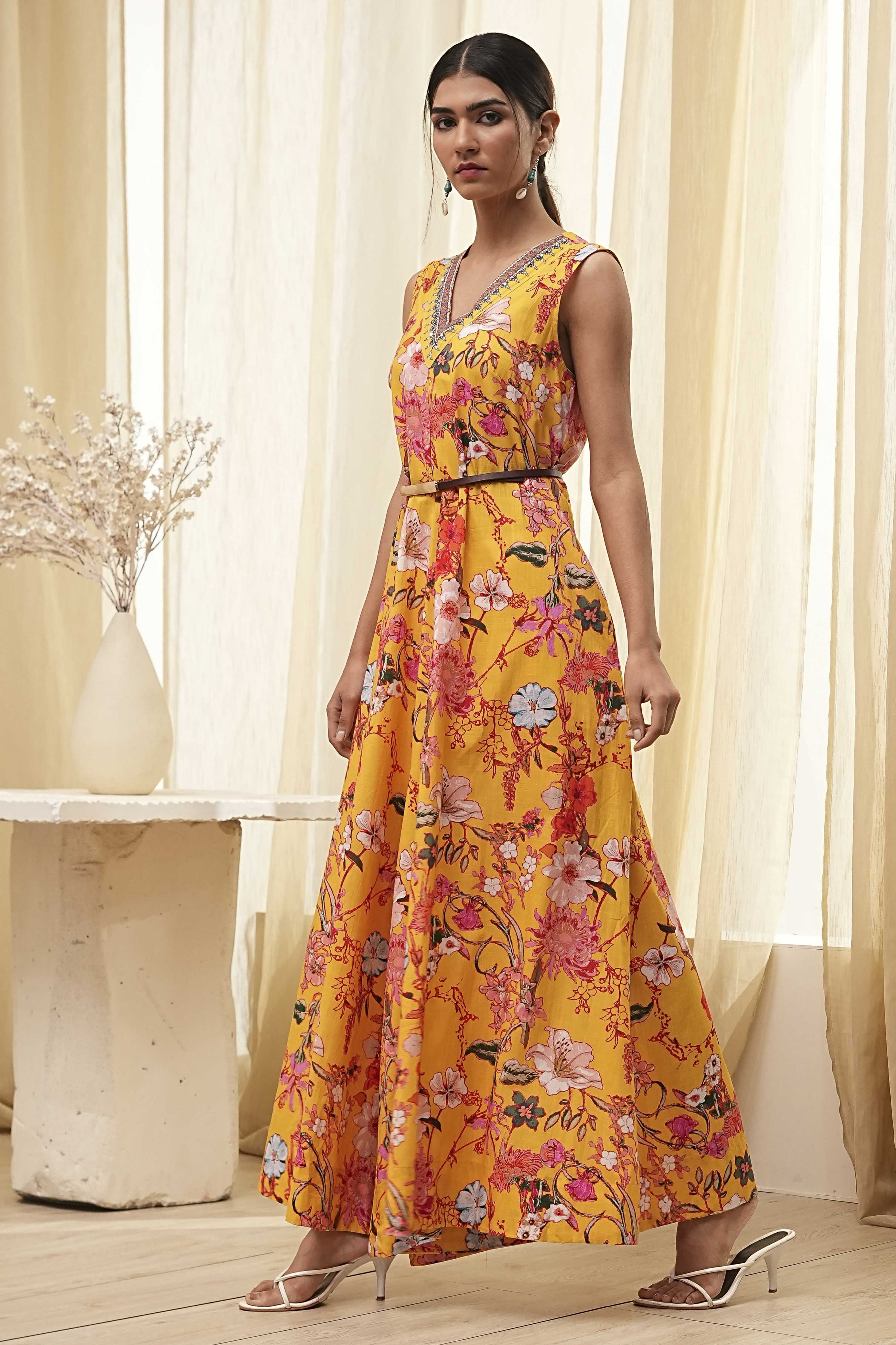 Yellow Cotton Floral Flared Jumpsuit image number 2