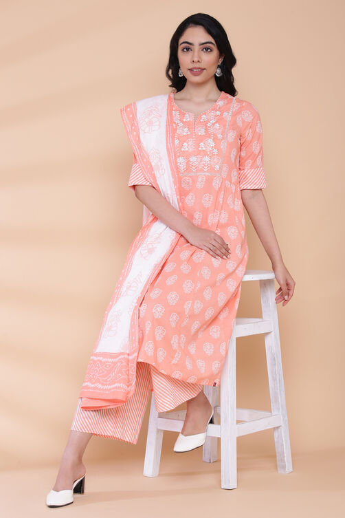 Peach Cotton Kalidar Kurta Palazzo Suit Set image number 0