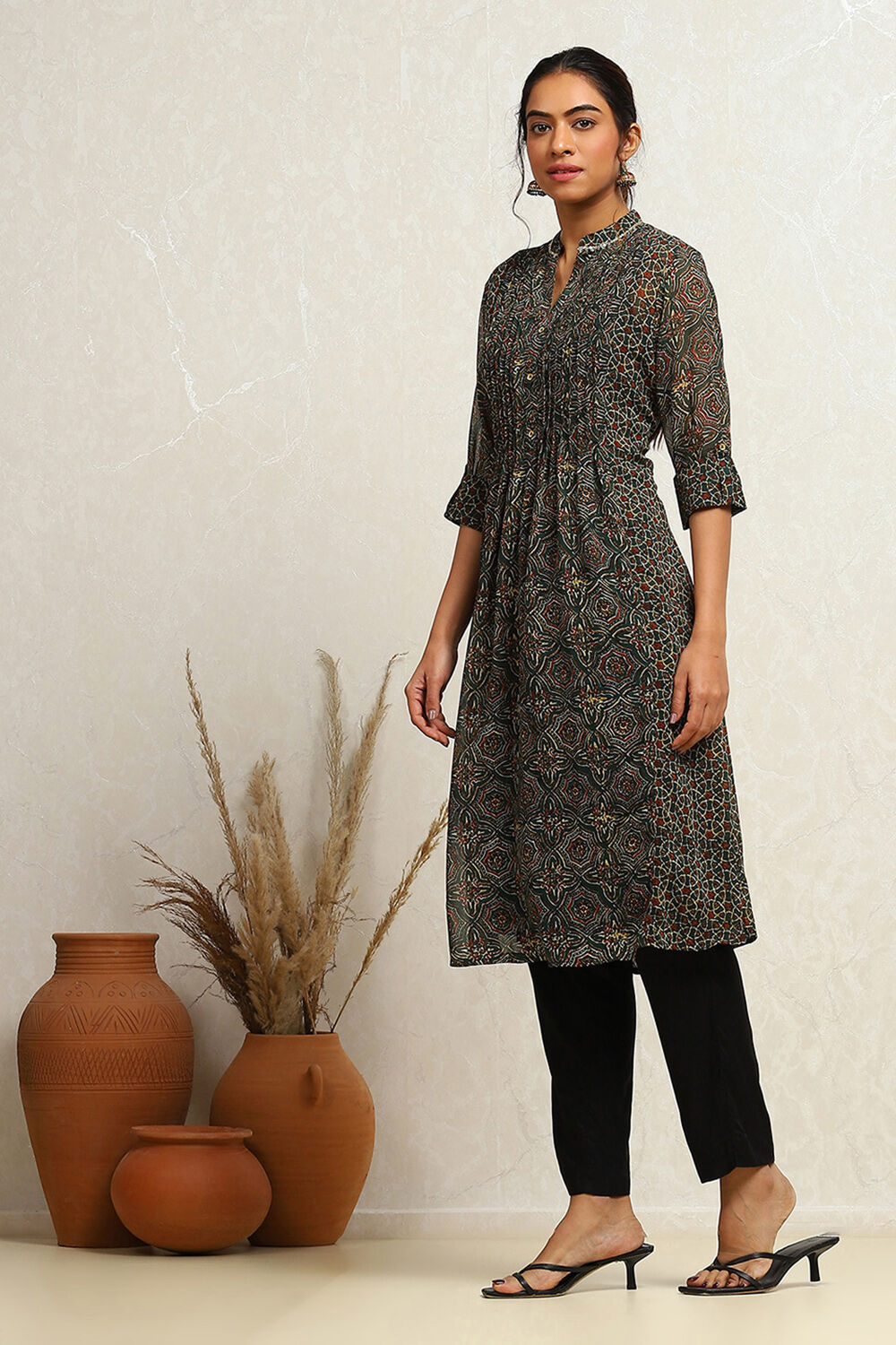Mustard and Maroon Georgette Printed A-Line Kurta image number 2