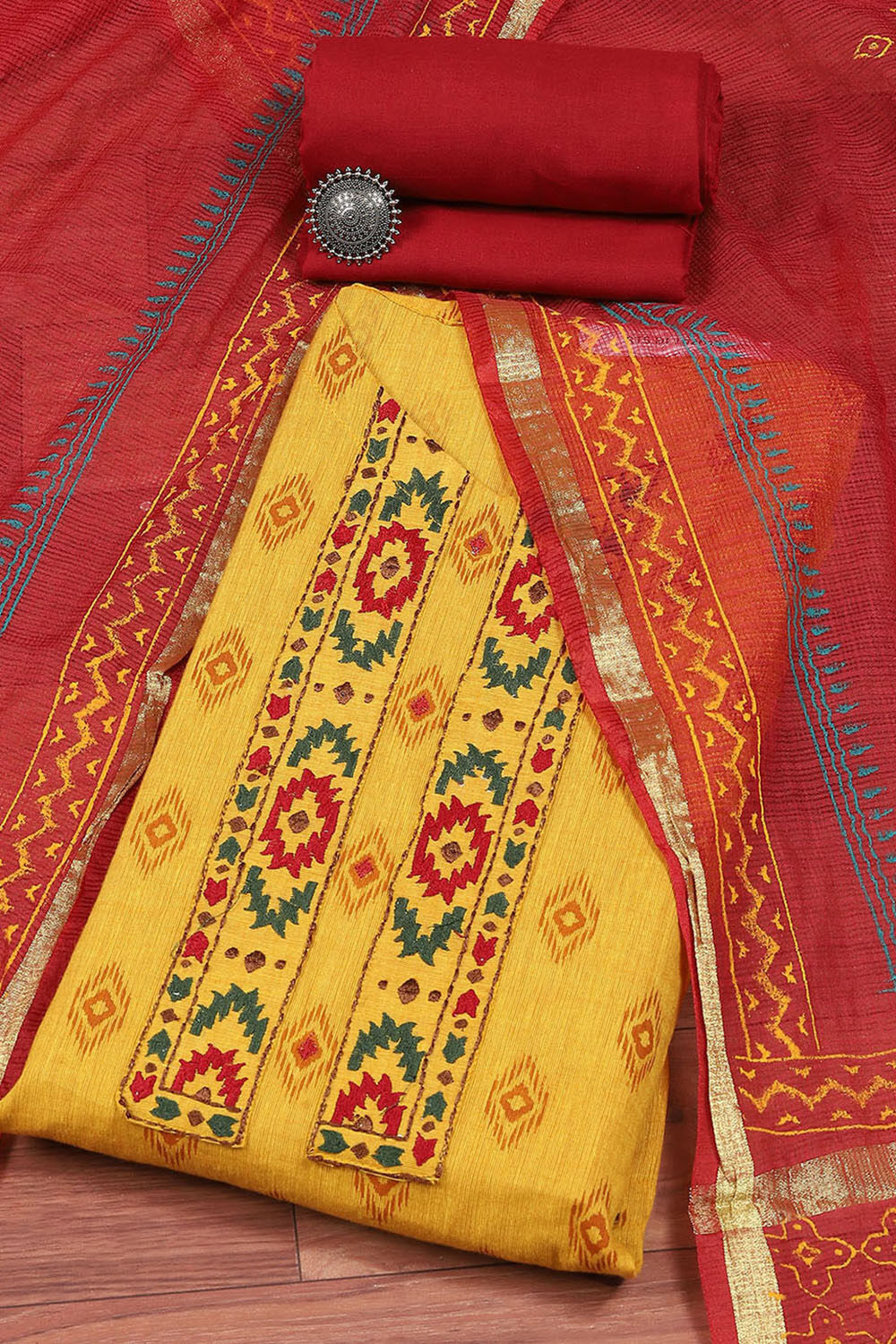 Yellow Cotton Hand Block Print Unstitched Suit Set image number 0