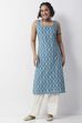 Teal Blue Cotton Floral Printed Straight Kurta image number 6
