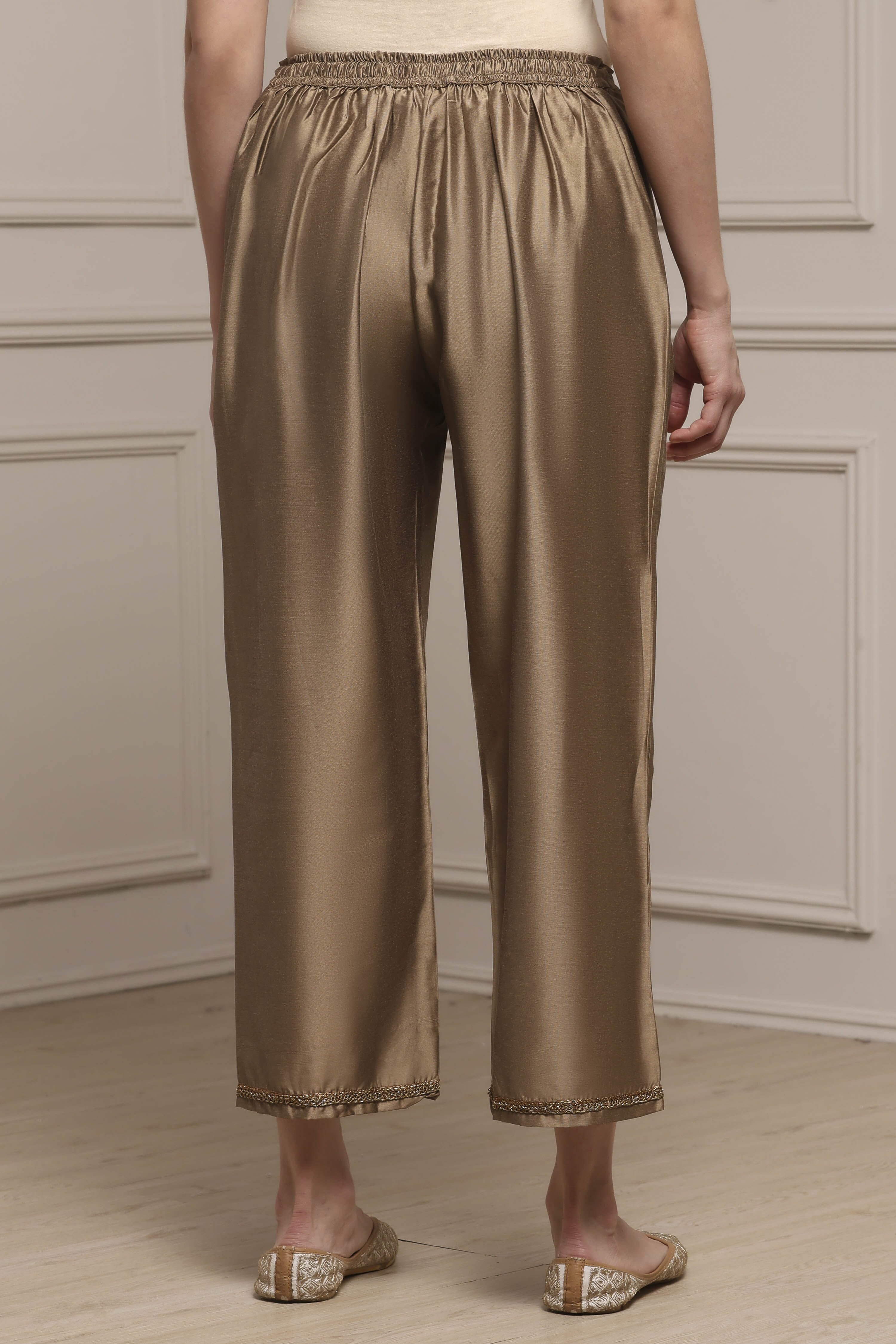 Antique Gold Polyester Straight Palazzos image number 5