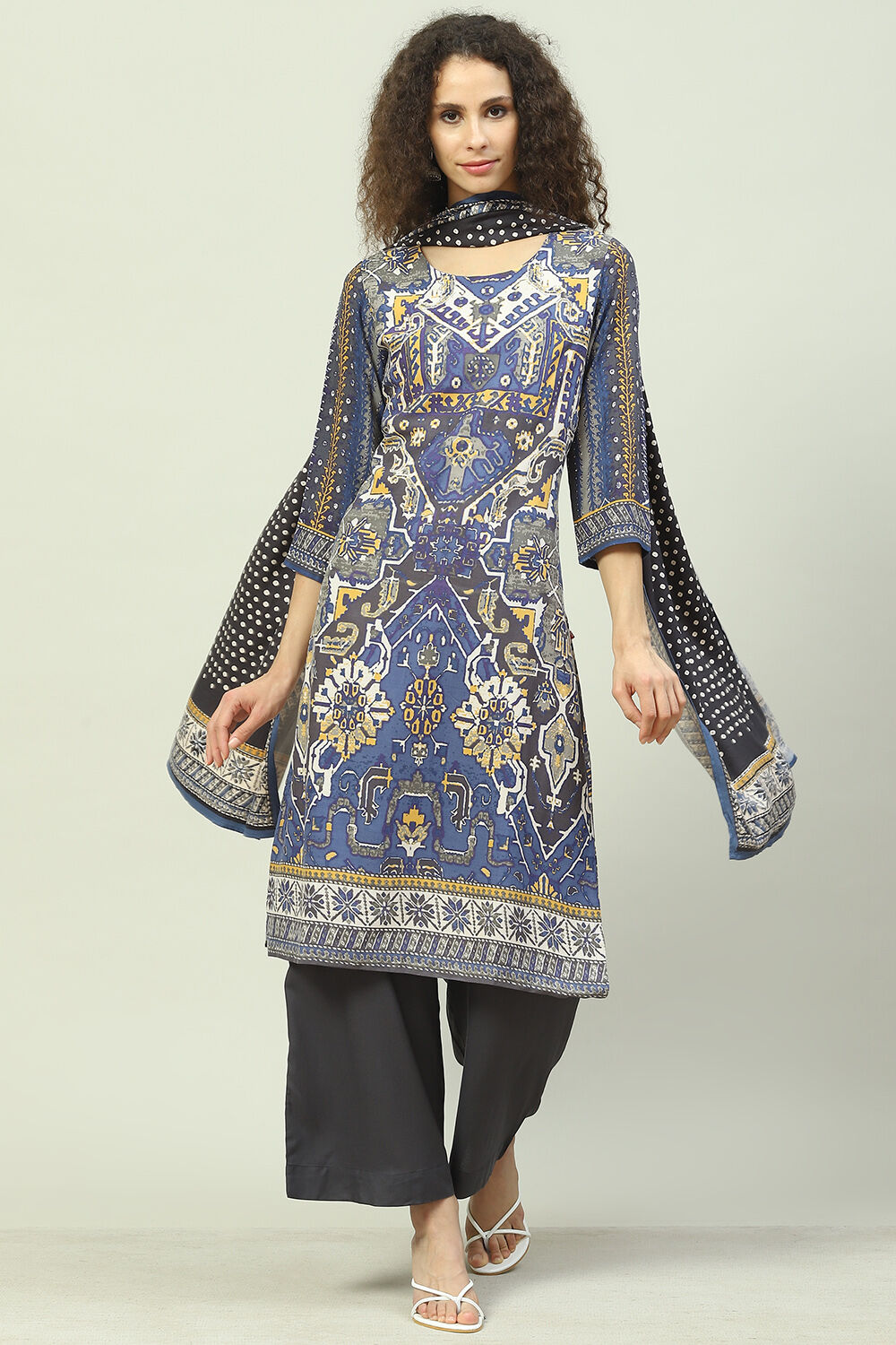Buy Blue LIVA Straight Kurta Palazzo Suit Set Kurta Straight