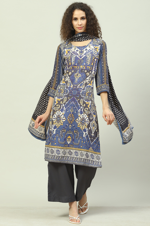 Blue LIVA Straight Kurta Palazzo Suit Set image number 0