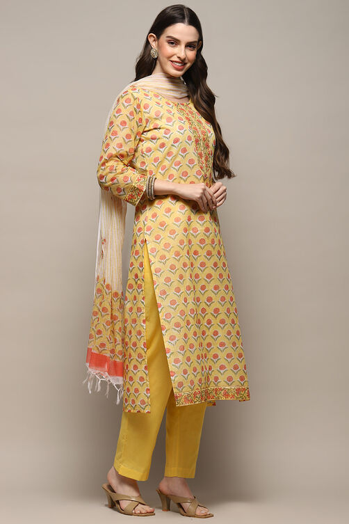 Yellow Cotton Blend Unstitched Suit set image number 7