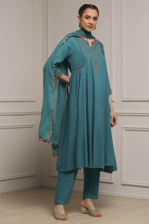 Teal Green Solid Kalidar Suit Set image number 5