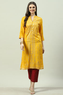 Yellow LIVA Straight Printed Kurta image number 0