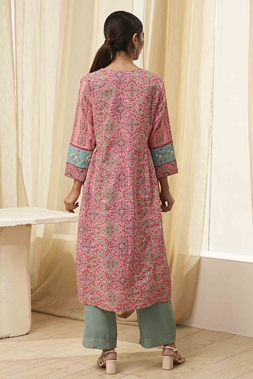 Pink Pure Cotton Printed A-Line Kurta image number 3