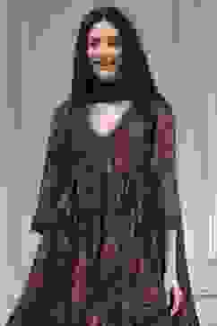 Charcoal Black Printed Gathered Suit Set image number 1