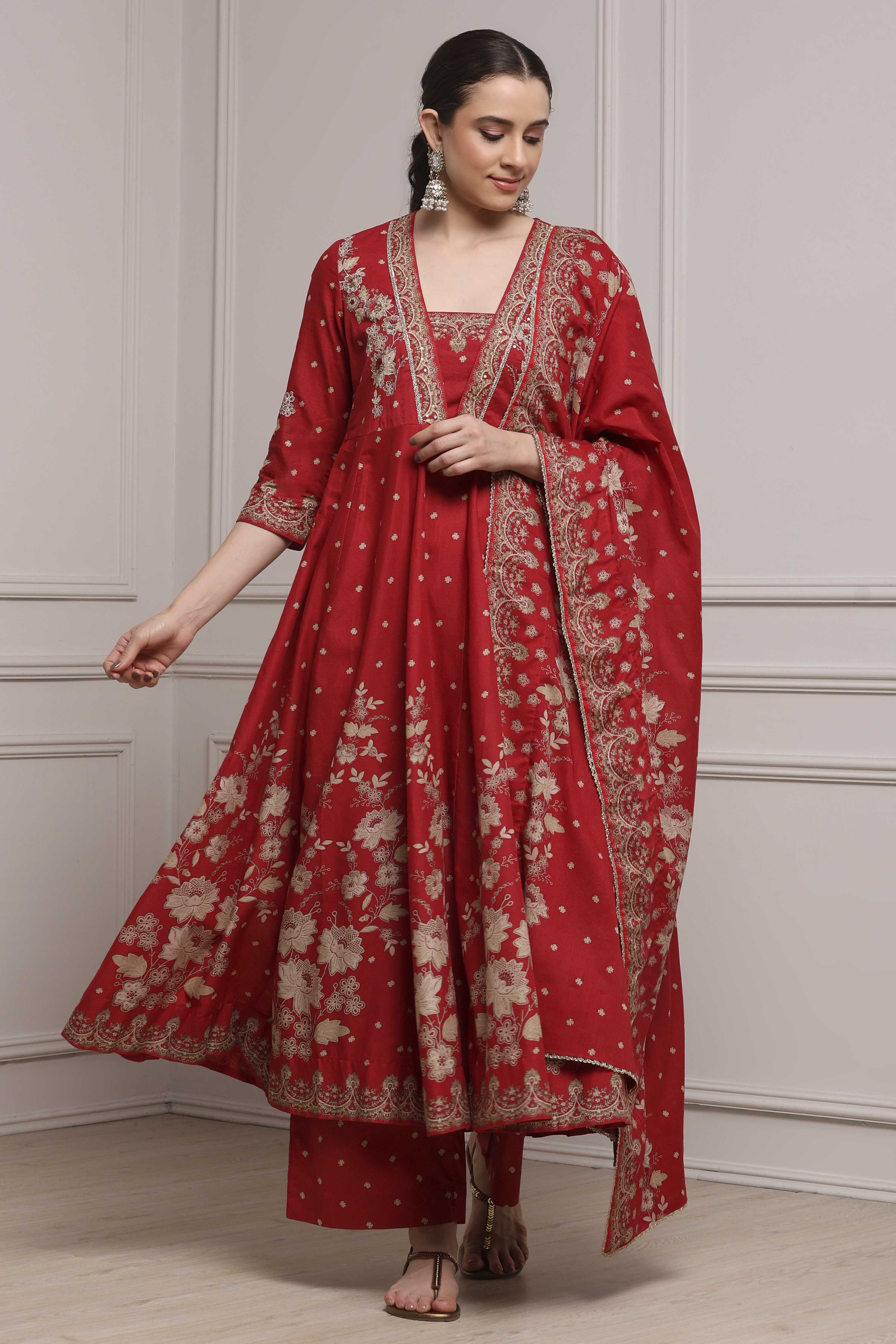 Red Cotton Anarkali Printed Suit Set image number 0