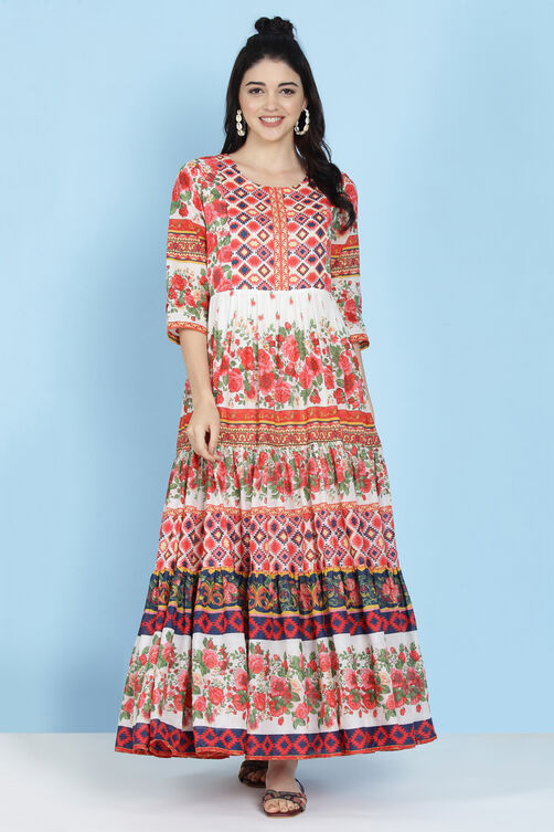 Off White Cotton Tiered Dress image number 0