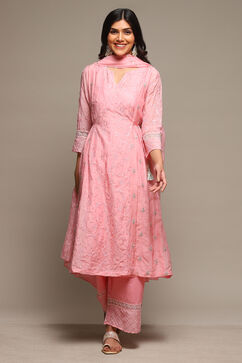 Pink Cotton Blend Layered Kurta Palazzo Suit Set image number 8