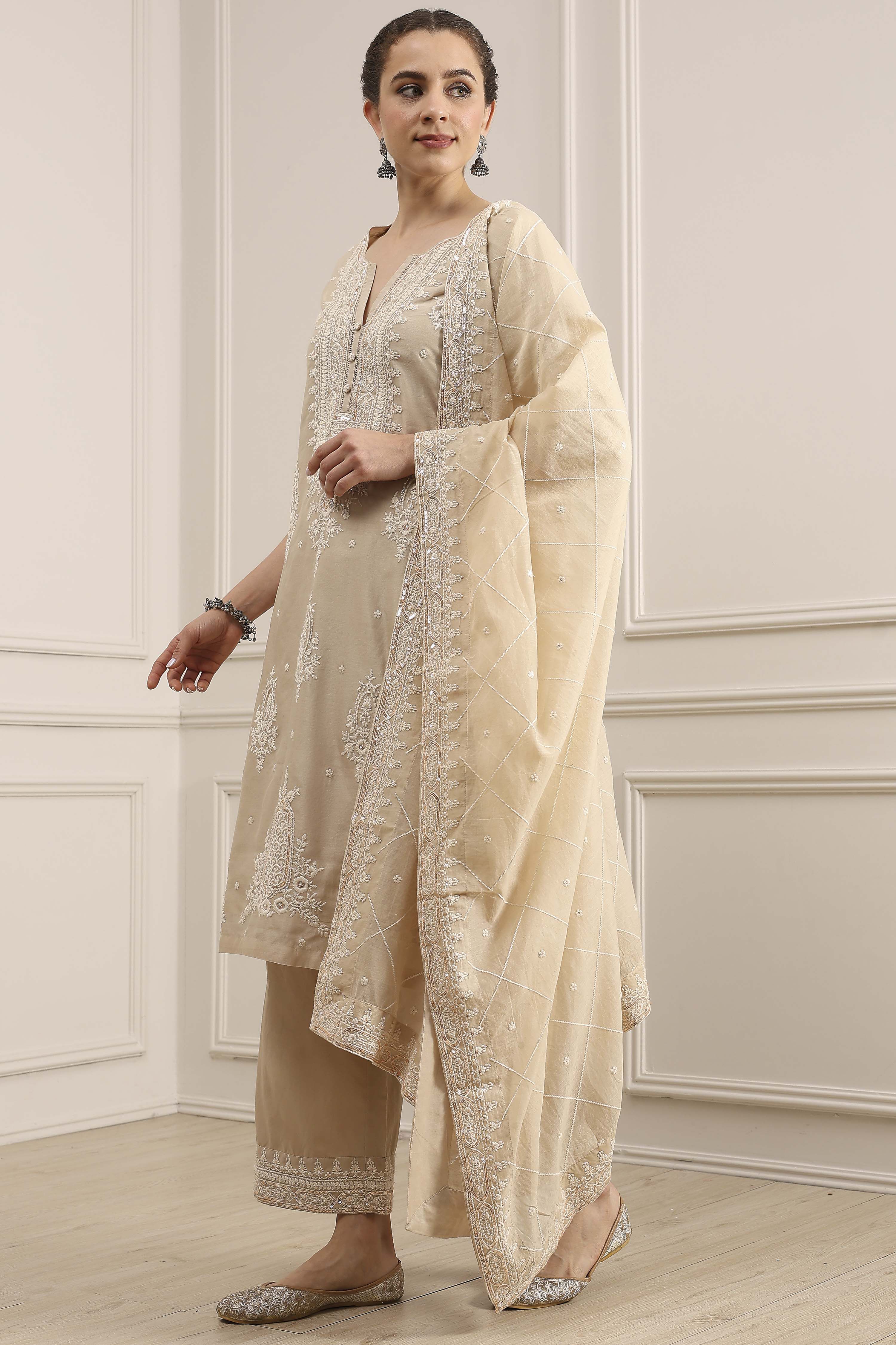 Natural White Chanderi Embroidered Straight Suit Set image number 3